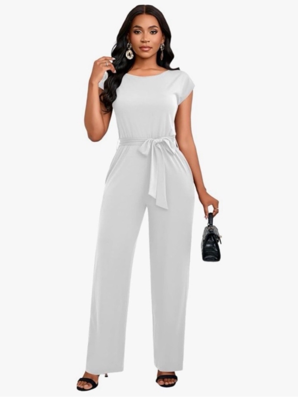 New York & Company White Tie-Waist Cap-Sleeve Jumpsuit